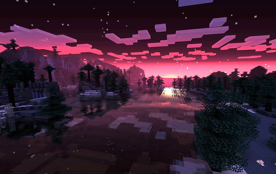 Minecraft Nether Twilight Landscape with Crimson Sky and Blocky Forest HD wallpaper