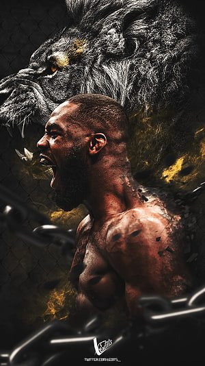 Jon Jones UFC Fighter Roaring with Lion Spirit and Chain Link Fence HD phone wallpaper