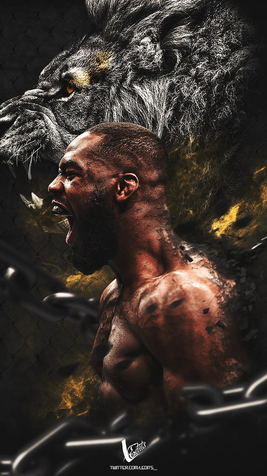 Jon Jones UFC Fighter Roaring with Lion Spirit and Chain Link Fence HD phone wallpaper
