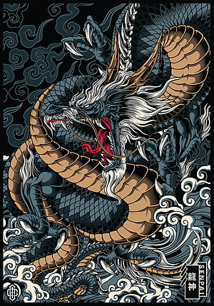 Ryujin Japanese Sea Dragon Mythology Illustration with Traditional Waves and Clouds HD phone wallpaper