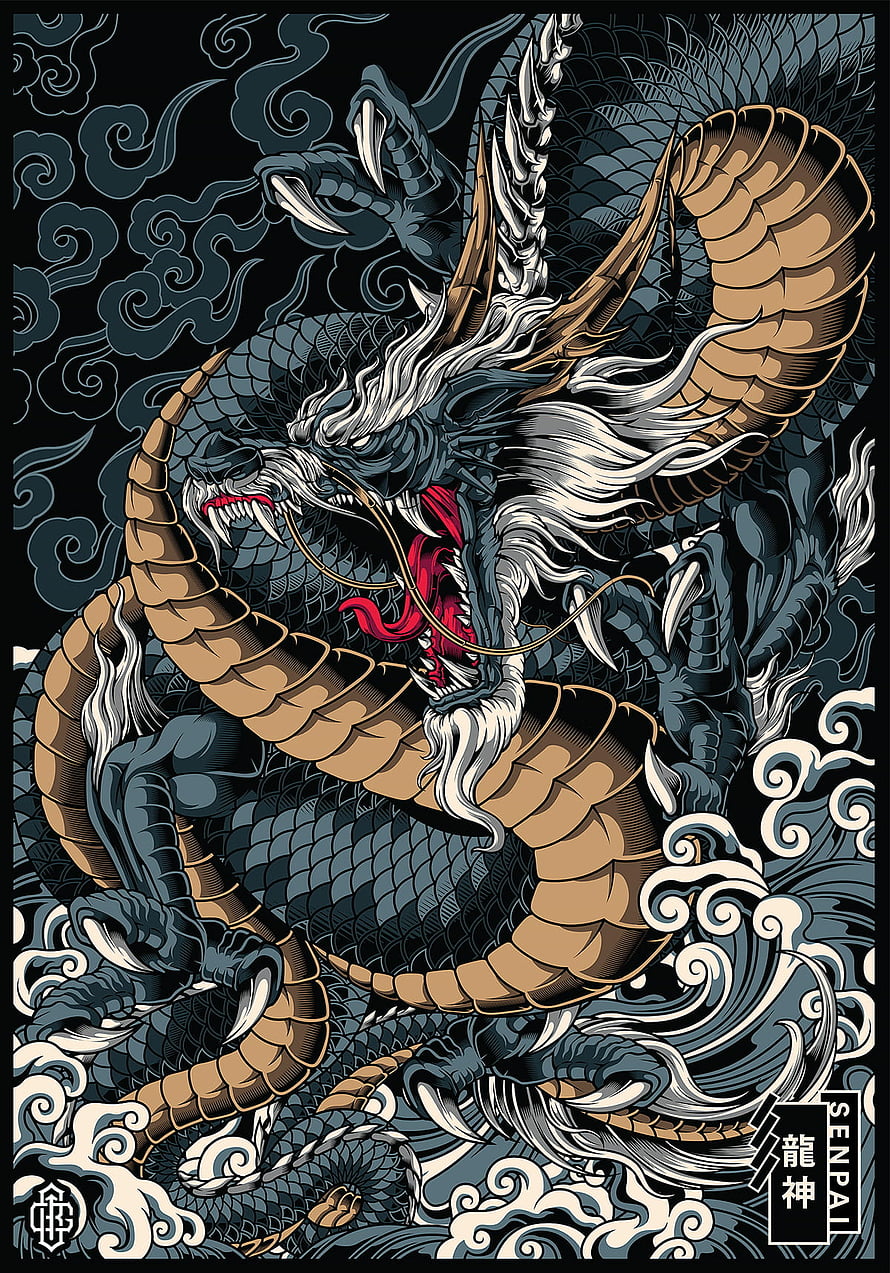Ryujin Japanese Sea Dragon Mythology Illustration with Traditional Waves and Clouds HD phone wallpaper
