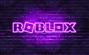 Roblox Neon Logo Glowing in Purple on a Dark Brick Wall HD wallpaper