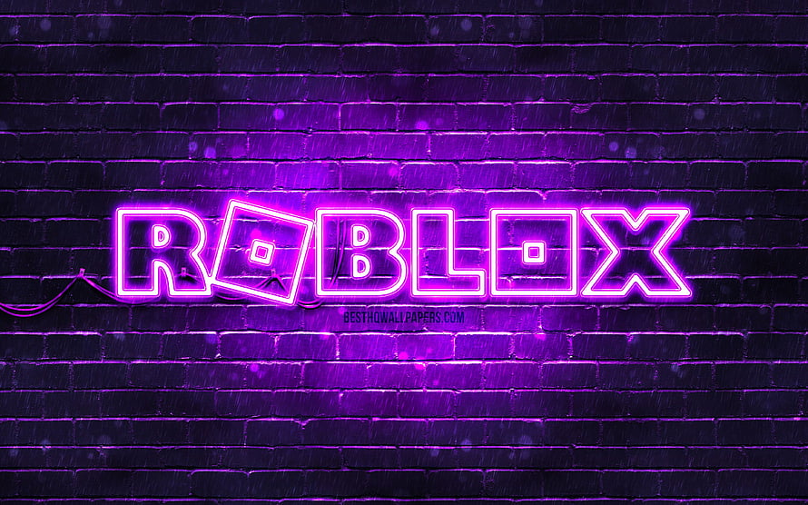 Roblox Neon Logo Glowing in Purple on a Dark Brick Wall HD wallpaper