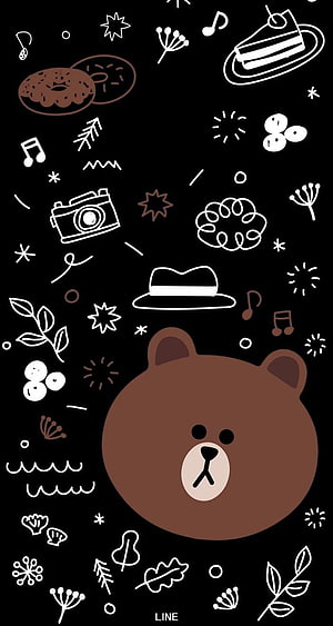 Line Brown Bear Character on Black Background with White Doodle Icons HD phone wallpaper