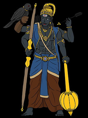 Shani Dev Hindu God Illustration with Mace and Crow on Black Background HD phone wallpaper