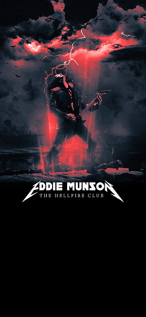 Eddie Munson from Stranger Things performing guitar under red lightning and storm clouds HD phone wallpaper