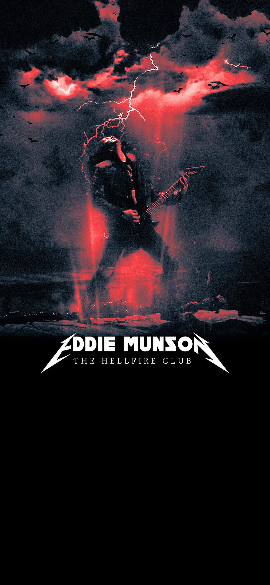 Eddie Munson from Stranger Things performing guitar under red lightning and storm clouds HD phone wallpaper