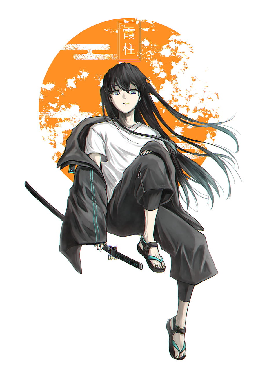 Muichiro Tokito Demon Slayer Character Artwork with Katana and Orange Sun HD phone wallpaper