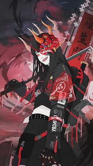 Anime Girl Samurai Warrior in Tactical Gear with Red Oni Mask and Katana HD phone wallpaper