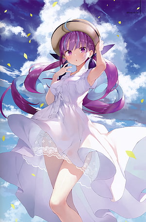 Minato Aqua in a flowing white dress and straw hat against a bright blue sky with drifting petals HD phone wallpaper