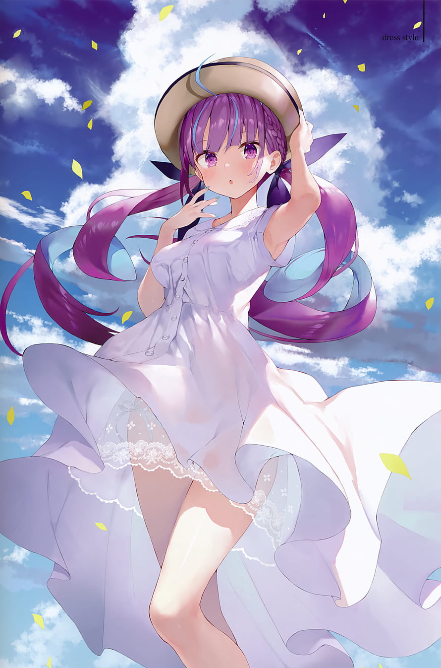 Minato Aqua in a flowing white dress and straw hat against a bright blue sky with drifting petals HD phone wallpaper