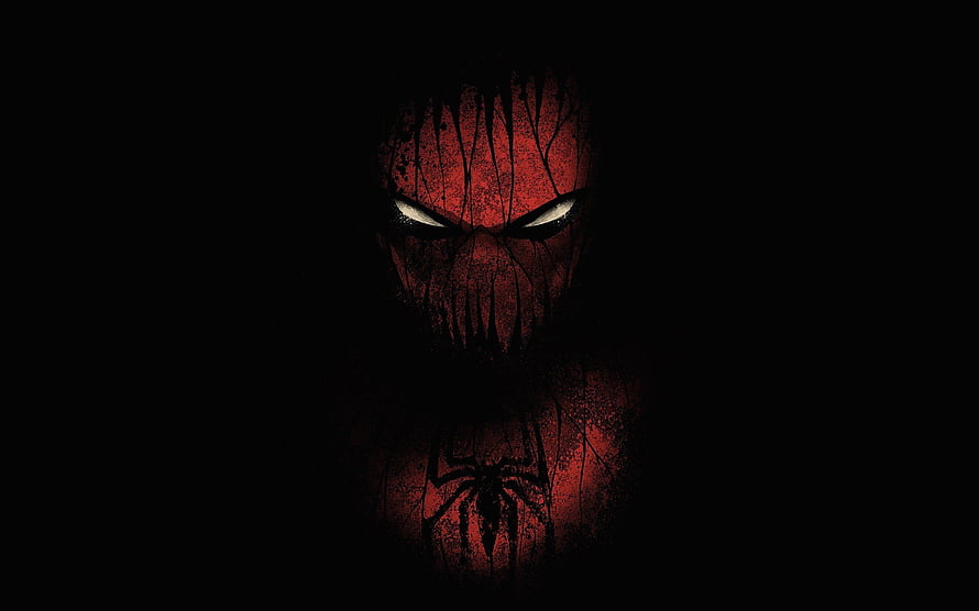 Menacing Red Spider-Man Mask with Glowing White Eyes and Chest Emblem on Black Background HD wallpaper