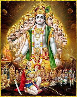 Lord Krishna Virat Roop Divine Multi-Headed Form with Kunti and Warriors HD phone wallpaper