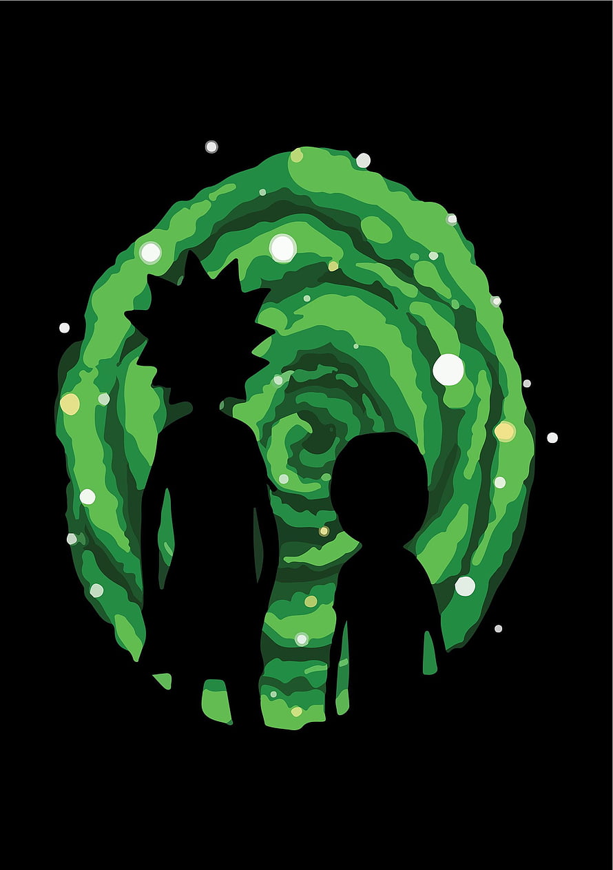 Rick and Morty Silhouettes Before a Swirling Green Portal on Black Background HD phone wallpaper