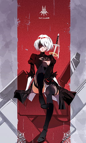 YoRHa 2B from NieR: Automata in black combat outfit with sword on red throne HD phone wallpaper