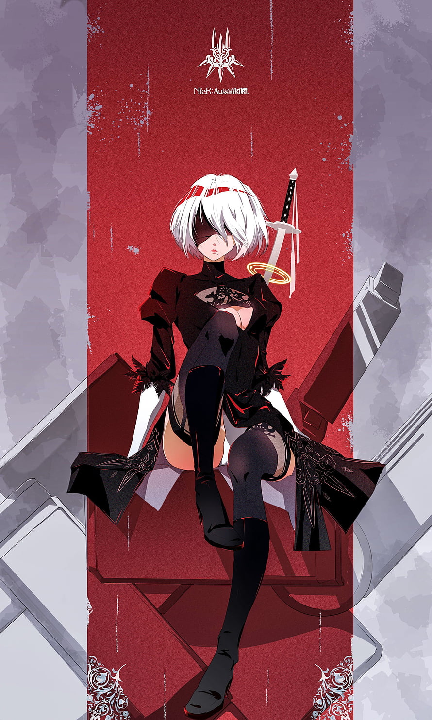 YoRHa 2B from NieR: Automata in black combat outfit with sword on red throne HD phone wallpaper
