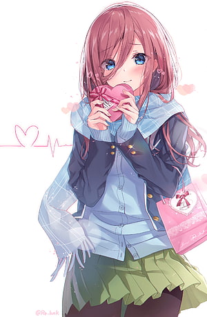 Miku Nakano Holding a Heart-Shaped Gift Box in a Soft Anime Illustration HD phone wallpaper