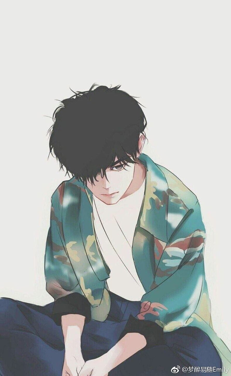 Melancholic Anime Boy in Green Camouflage Shirt Sitting with Hands Clasped HD phone wallpaper