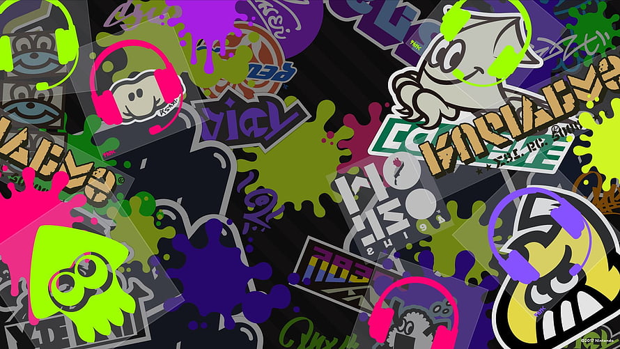 Splatoon 3 Ink Splatter Sticker Collage with Character Icons and Neon Graffiti Art HD wallpaper