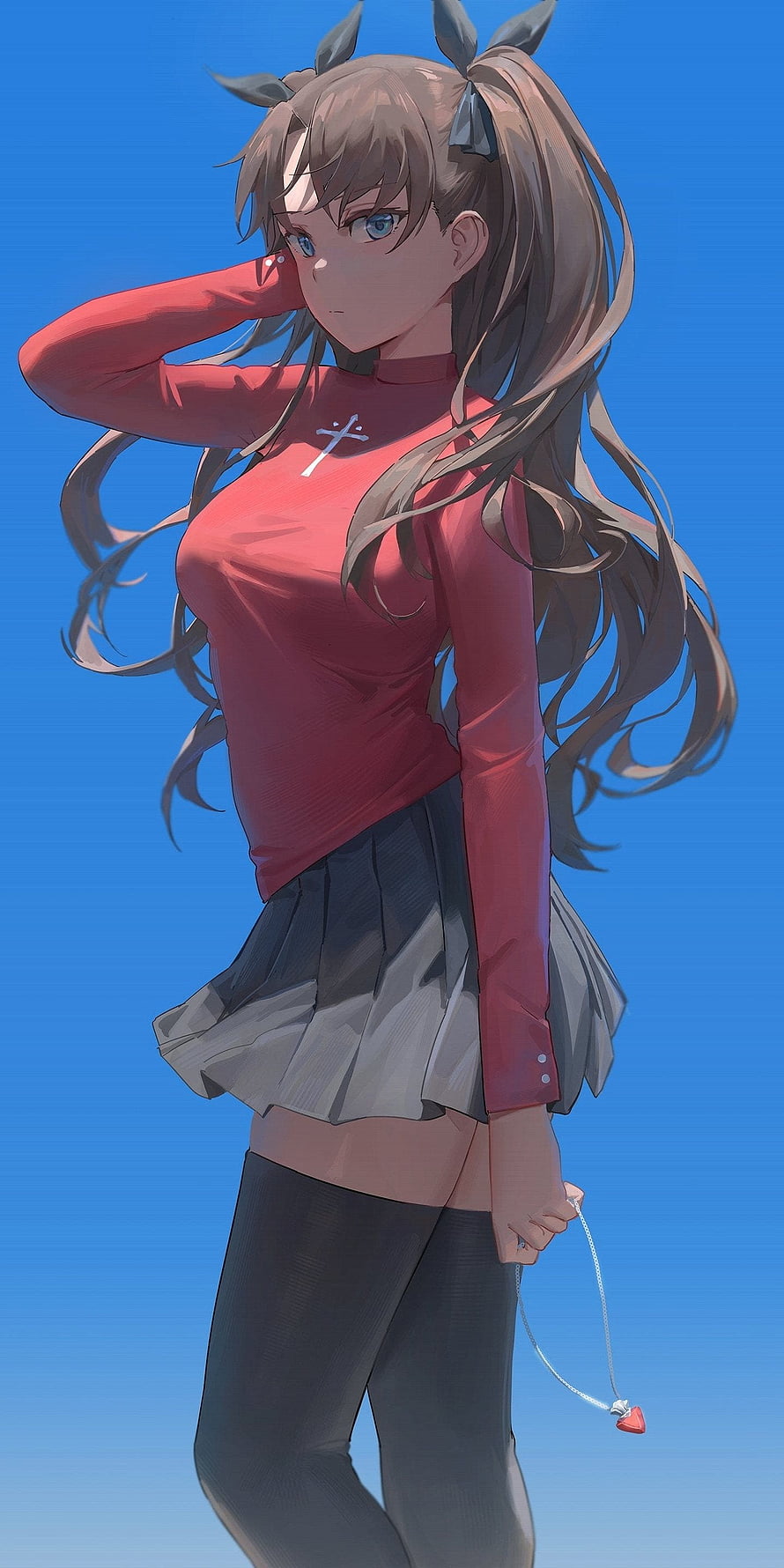 Rin Tohsaka from Fate Stay Night in red top and pleated skirt against blue sky HD phone wallpaper