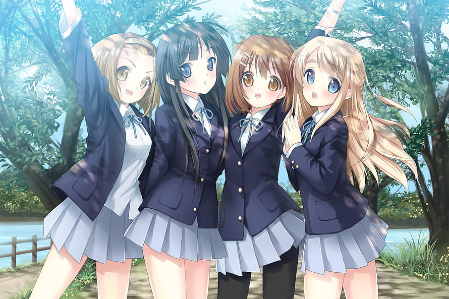 Four Anime Schoolgirls in Navy Uniforms Posed Together in a Sunny Park HD wallpaper