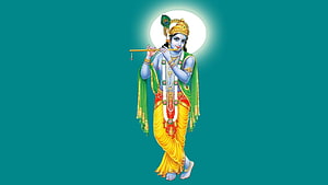 Lord Krishna Playing Flute with Peacock Crown and Golden Dhoti HD wallpaper