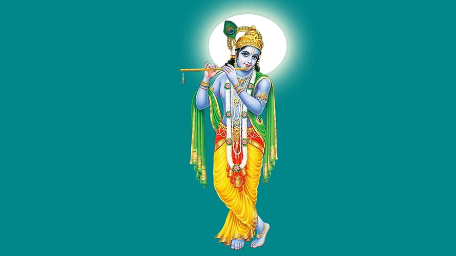Lord Krishna Playing Flute with Peacock Crown and Golden Dhoti HD wallpaper