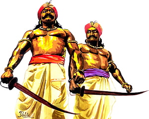 Maruthu Pandiyar Warrior Illustration with Swords and Traditional Attire HD wallpaper