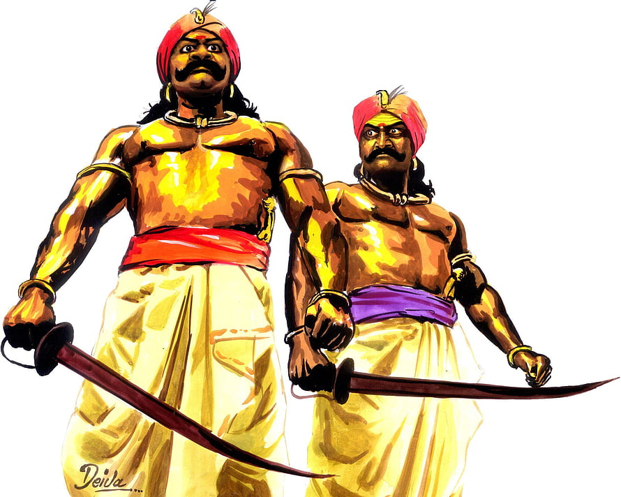 Maruthu Pandiyar Warrior Illustration with Swords and Traditional Attire HD wallpaper