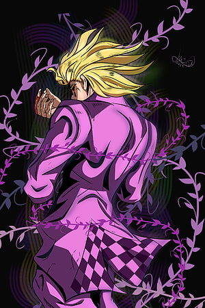 Giorno Giovanna in Purple Suit with Flowing Blonde Hair and Vine Motifs HD phone wallpaper
