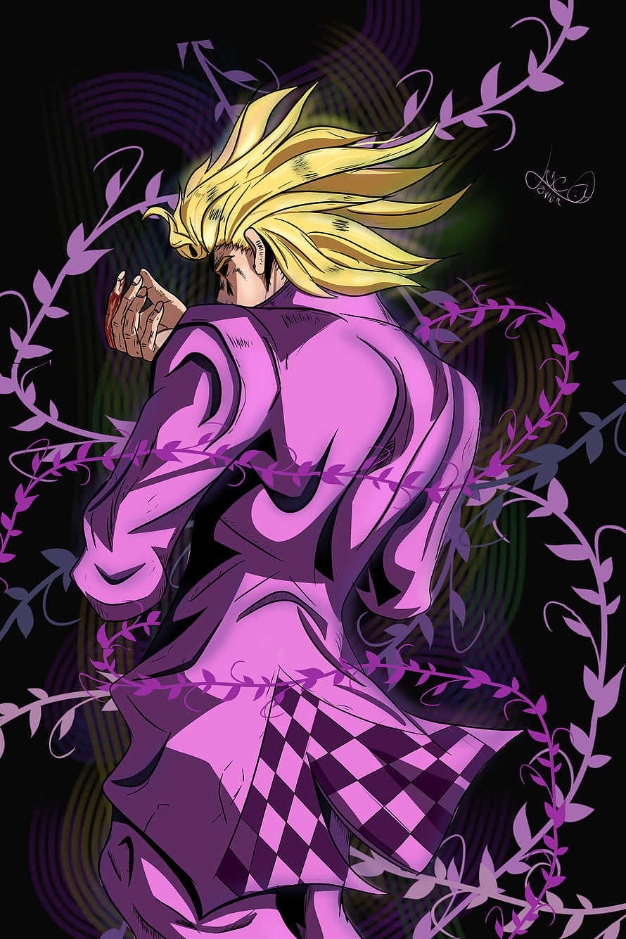 Giorno Giovanna in Purple Suit with Flowing Blonde Hair and Vine Motifs HD phone wallpaper