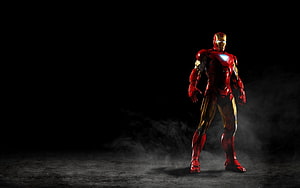 Iron Man in Red and Gold Armor Standing in Dark Foggy Atmosphere, iron man walpaper, #Iron Man HD wallpaper