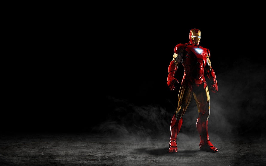 Iron Man in Red and Gold Armor Standing in Dark Foggy Atmosphere, iron man walpaper, #Iron Man HD wallpaper