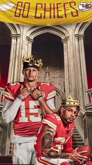 Patrick Mahomes and Travis Kelce in Kansas City Chiefs Uniforms Wearing Crowns in Cathedral HD phone wallpaper