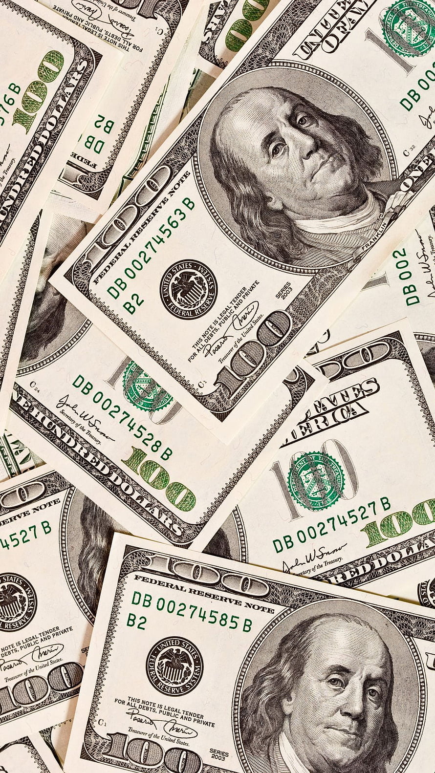 Scattered US One Hundred Dollar Bills Featuring Benjamin Franklin Portrait HD phone wallpaper
