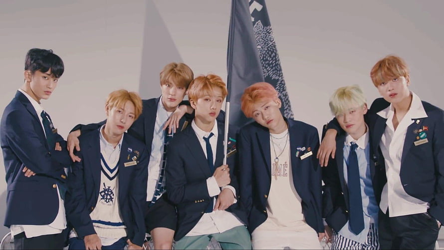 NCT DREAM Members in Navy Blazers and Ties with Flag HD wallpaper
