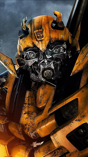 Bumblebee Close-Up Portrait From Transformers 4 With Weathered Yellow Armor And Glowing Blue Eyes HD phone wallpaper