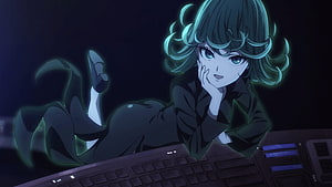 Tatsumaki from One Punch Man Reclining on a Control Panel in a Dark Setting HD wallpaper