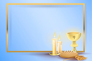 Holy Communion and Eucharist Illustration with Golden Chalice, Bread, and Candles on Blue Background HD wallpaper