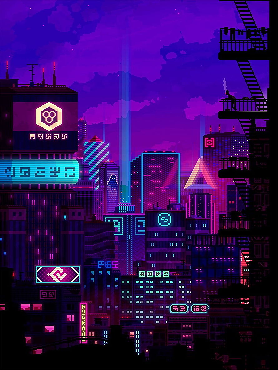 Neon Cyberpunk Cityscape in Vibrant Pixel Art Style HD phone wallpaper