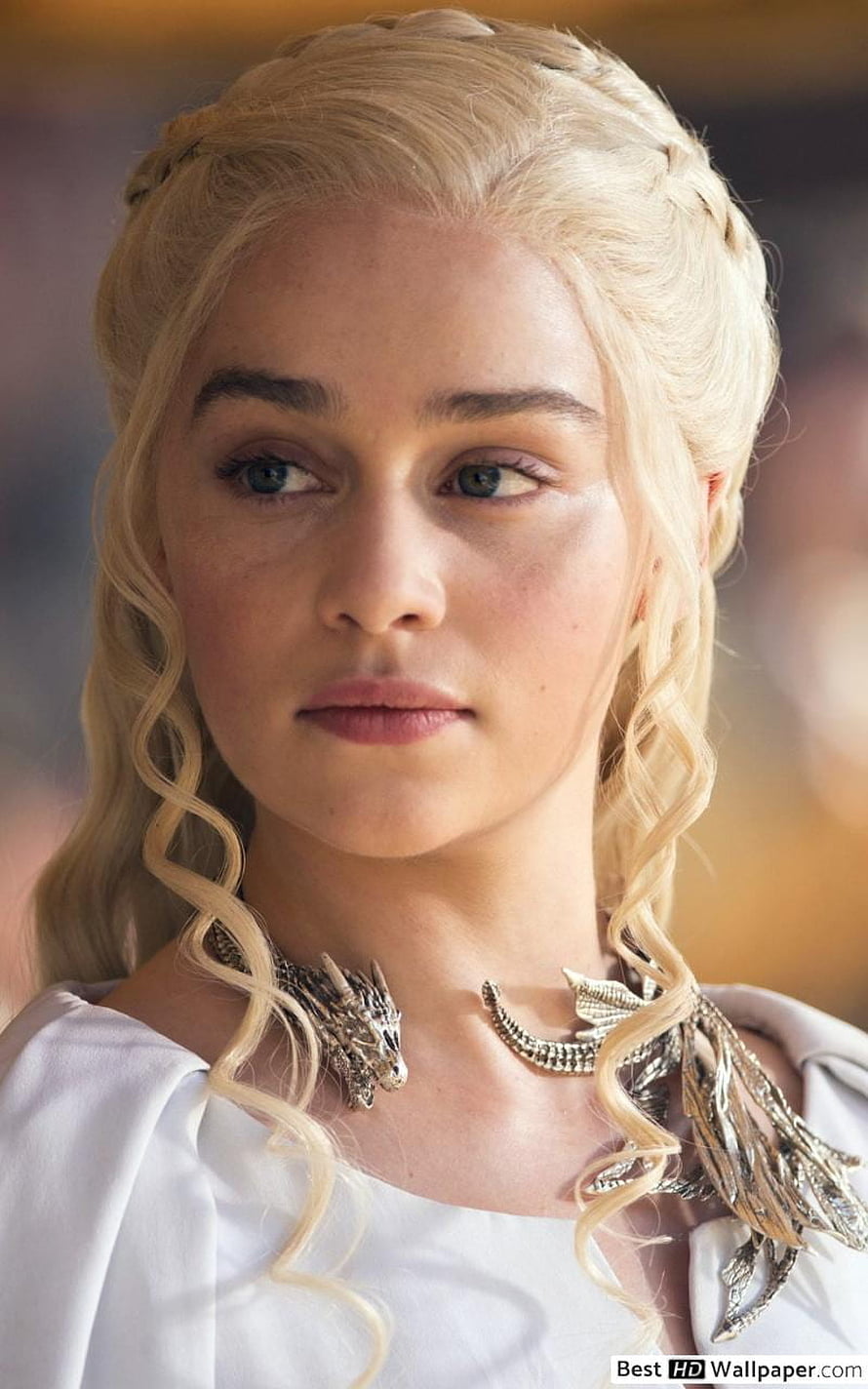 Daenerys Targaryen Close-Up Portrait with Braided Blonde Hair and Dragon Necklace HD phone wallpaper