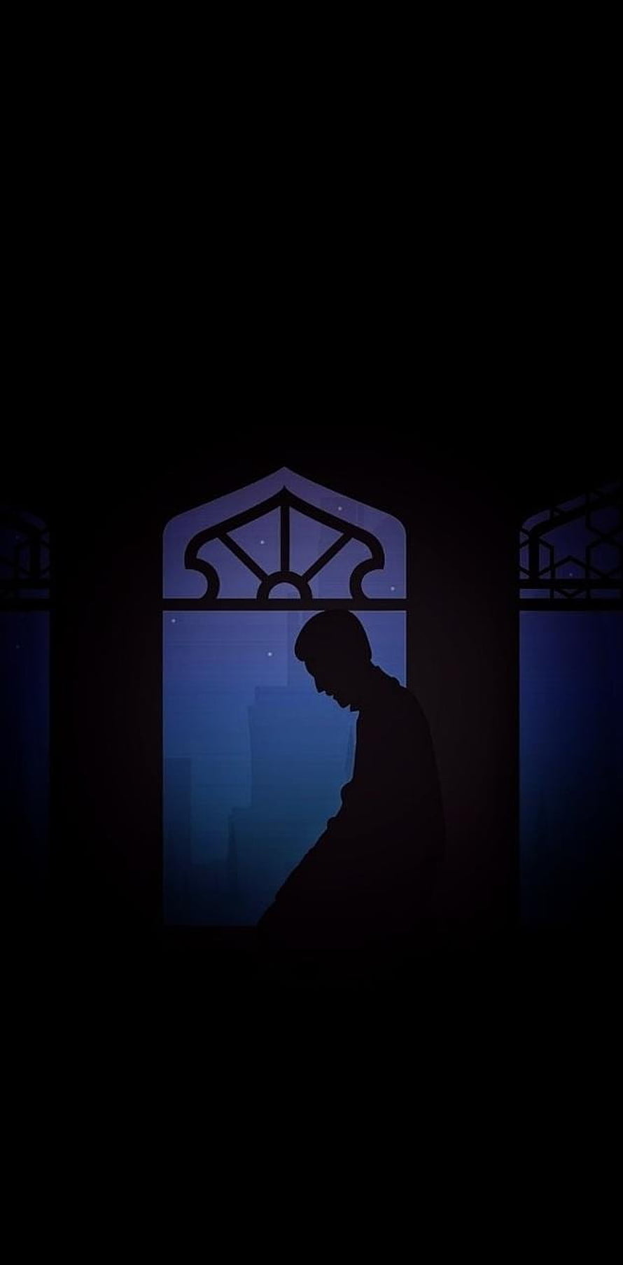 Silhouette of a Muslim man praying in a dark room with an ornate arched window HD phone wallpaper