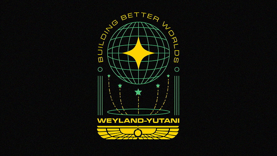 Weyland-Yutani Corporate Logo with Globe and Star Emblem on Black Background HD wallpaper
