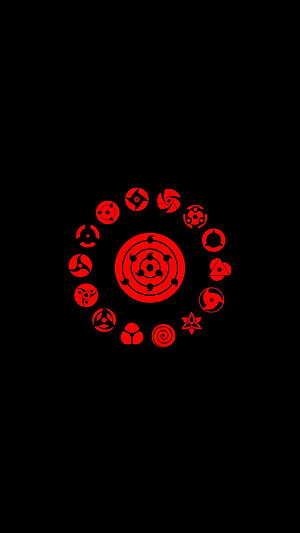 Naruto Sharingan and Uchiha Clan Symbols in Red on Black Background HD phone wallpaper