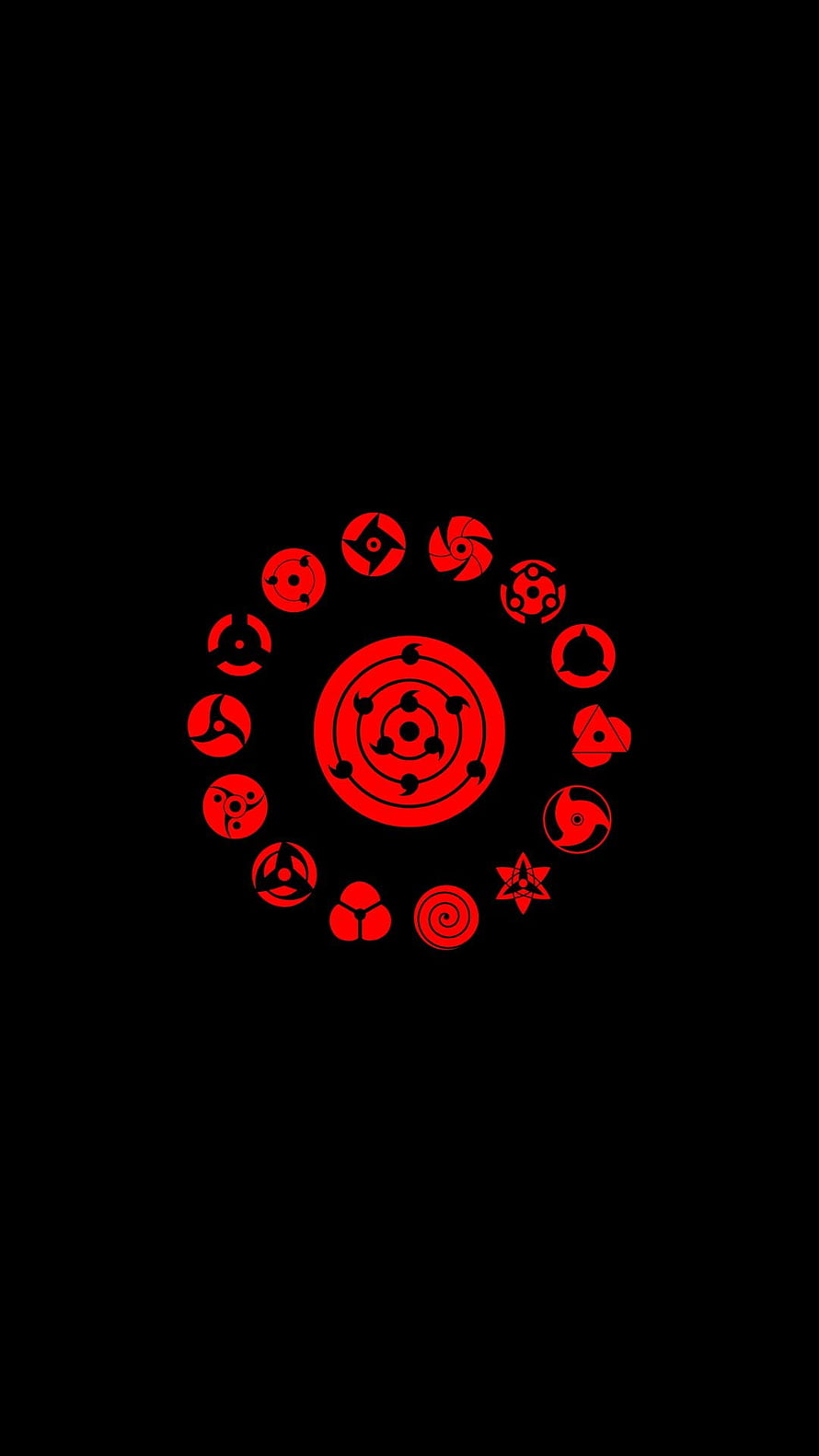 Naruto Sharingan and Uchiha Clan Symbols in Red on Black Background HD phone wallpaper