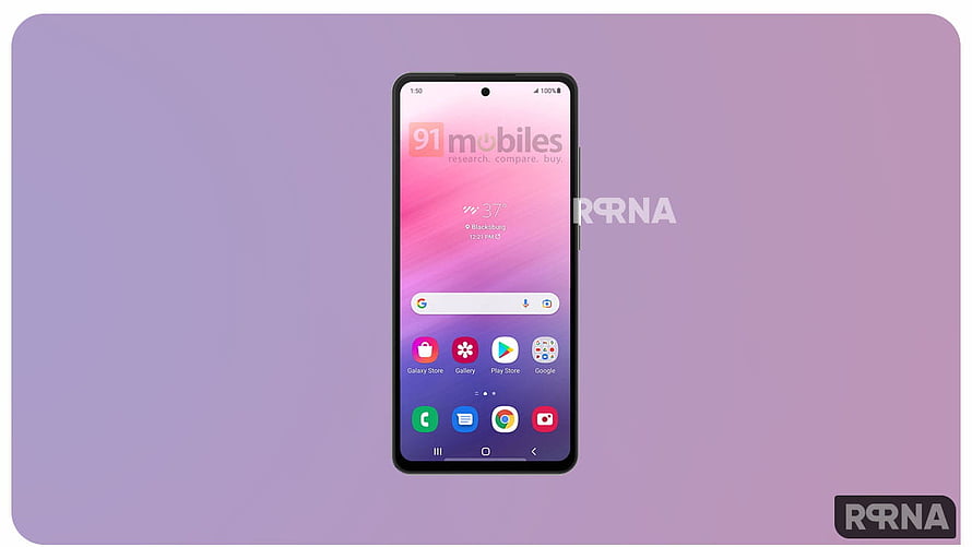 Samsung Galaxy A73 smartphone front view with purple gradient wallpaper and app icons HD wallpaper
