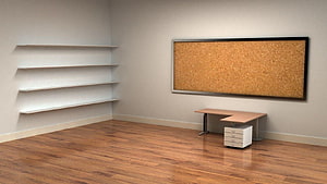 Minimalist Office Interior With Cork Board, Floating Shelves, and L-Shaped Desk HD wallpaper