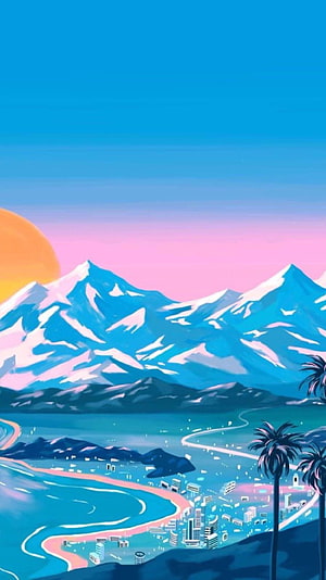 Yoko Honda and Hiroshi Nagai Stylized Coastal Cityscape with Snowy Mountains and Palm Trees HD phone wallpaper