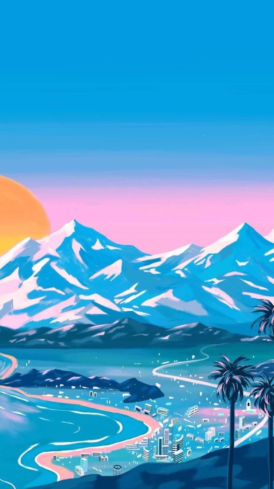 Yoko Honda and Hiroshi Nagai Stylized Coastal Cityscape with Snowy Mountains and Palm Trees HD phone wallpaper