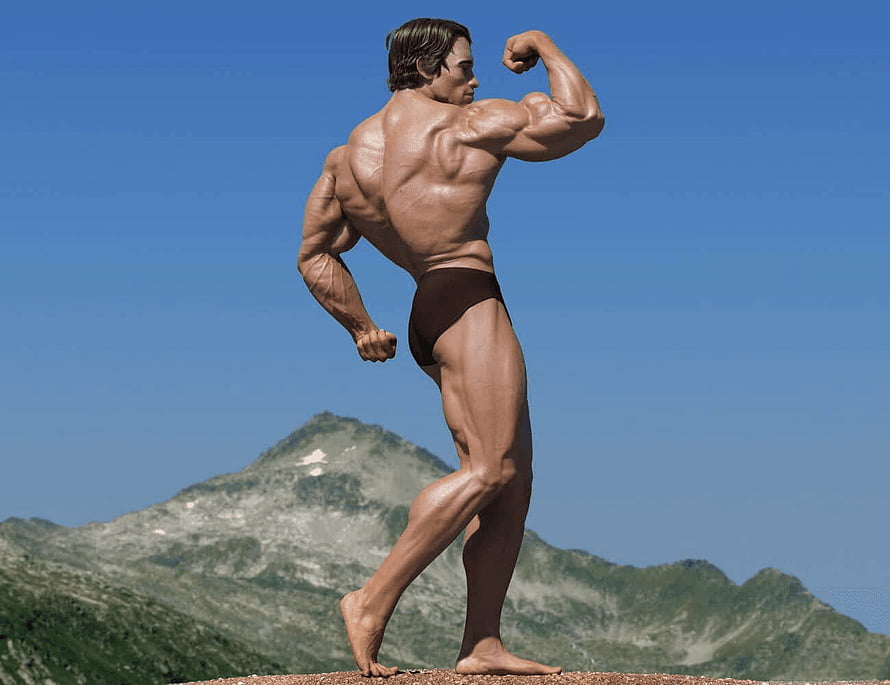 Arnold Schwarzenegger Bodybuilding Pose on Rocky Mountain Summit HD wallpaper
